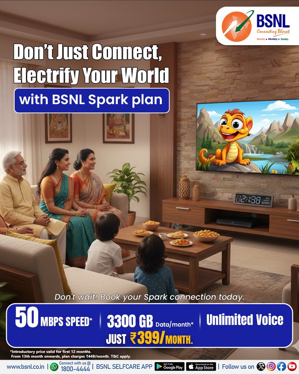 Choose BSNL Spark PlanGet 50 Mbps speed, 3300 GB high-speed data per month, unlimited voice calls, and secure browsing - all for just ₹399/month. 

Fast. Reliable. Truly Indian. 

Book Now: Say 'Hi' on WhatsApp 18004444

#BSNLSpark #HighSpeedBroadband #BSNLFiber #BSNL