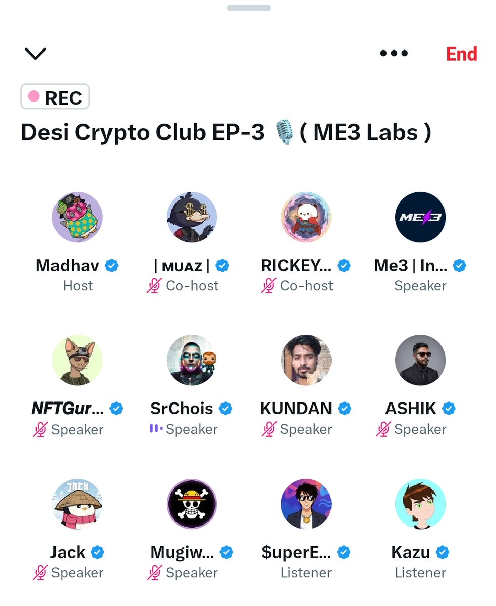 Hey guys 

DCC EP- 3 

This was an amazing space with <a href="/Me3Labs/">Me3 | Intelligent Discovery Platform For Web3</a> ❤️ <a href="/DesiCryptoClub/">DESI Crypto CLUB</a>

Thanks for joining us Listener or Speakers...

Thanks for joining us  <a href="/SrChois/">SrChois</a> ....