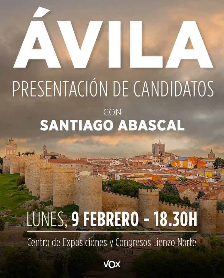 <a href="/Santi_ABASCAL/">Santiago Abascal 🇪🇸</a> viene a nuestra ciudad a presentar los candidatos de las elecciones a las Cortes de Castilla y León. Contamos con todos para que España entera vea que VOX es el futuro de España y los españoles lo saben #SoloQuedaVOX