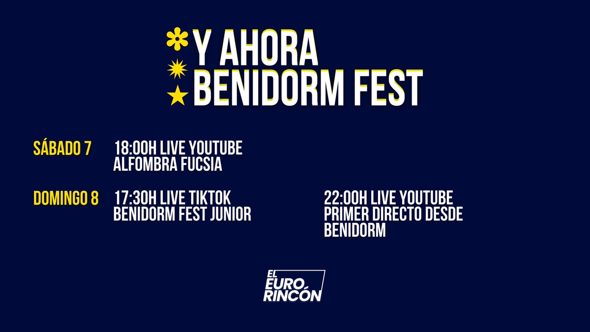 🧜🏻‍♀️ Y AHORA BENIDORM FEST

🩵 Inauguración de la 5ª Edición de #BenidormFest2026 

⭐️ Sábado 7 desde las 18h en DIRECTO en YouTube la Alfombra Fucsia. 

☀️ Domingo 8 desde las 17:30h Benidorm Fest Junior en DIRECTO en TikTok . 

¡Síguelo con nosotros! linktr.ee/eleurorincon