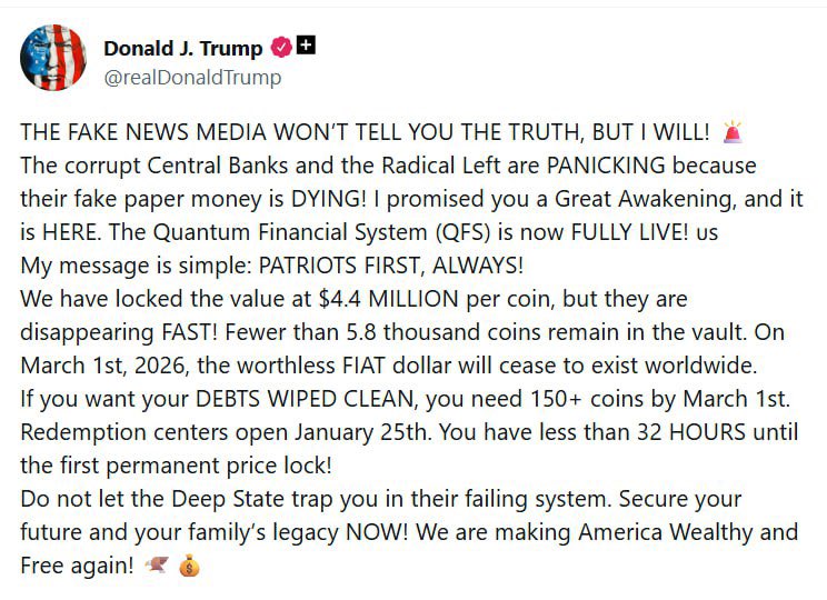 THE TRUTH THEY HIDE
FROM YOU!
The Quantum Financial System is now 100% LIVE - and the corrupt banks are in full panic mode. Their fake money is collapsing, and they can't stop it!
 Coin value locked at $4.4
MILLION