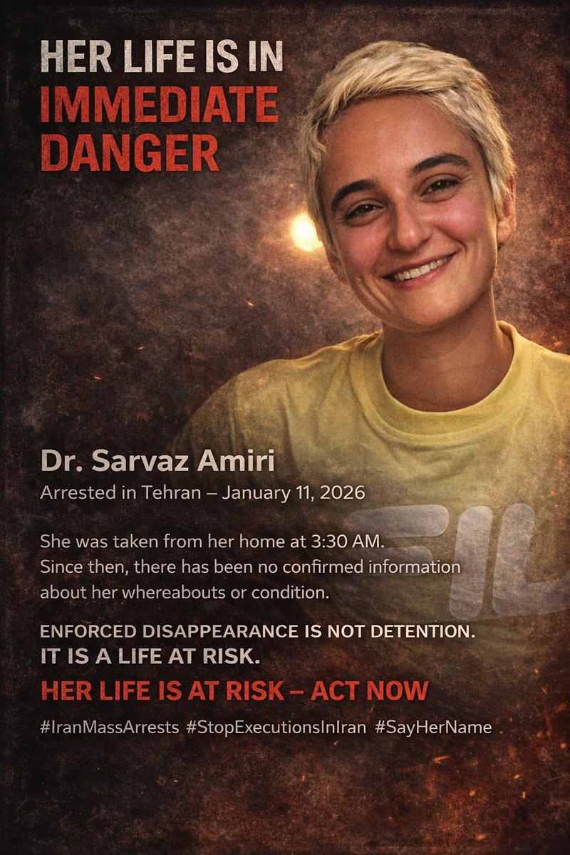 دکتر سروناز امیری را بامداد بردند.
در تاریکیِ ساعت ۳:۳۰ صبح.
از خانه‌اش. از میان زندگی‌ای که وقف درمان دیگران کرده بود.
#سروناز_امیری
دکتر سروناز امیری، بامداد ۲۱ دی‌ماه ۱۴۰۴، در منزل شخصی‌اش در تهران بازداشت شد.
از آن لحظه تاکنون، هیچ خبر رسمی و شفافی از محل نگهداری یا وضعیت