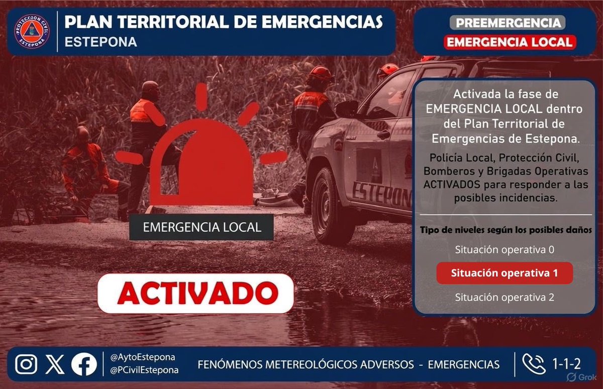 🟥 𝗣𝗟𝗔𝗡 𝗧𝗘𝗥𝗥𝗜𝗧𝗢𝗥𝗜𝗔𝗟 𝗗𝗘 𝗘𝗠𝗘𝗥𝗘𝗡𝗖𝗜𝗔𝗦 𝗟𝗢𝗖𝗔𝗟

El  <a href="/AytoEstepona/">Ayto de Estepona</a> informa que, a las 11:30 horas, se ha activado el Plan Territorial de Emergencias Local (PTEL) en fase de emergencia, situación operativa 1, como respuesta a los avisos meteorológicos
