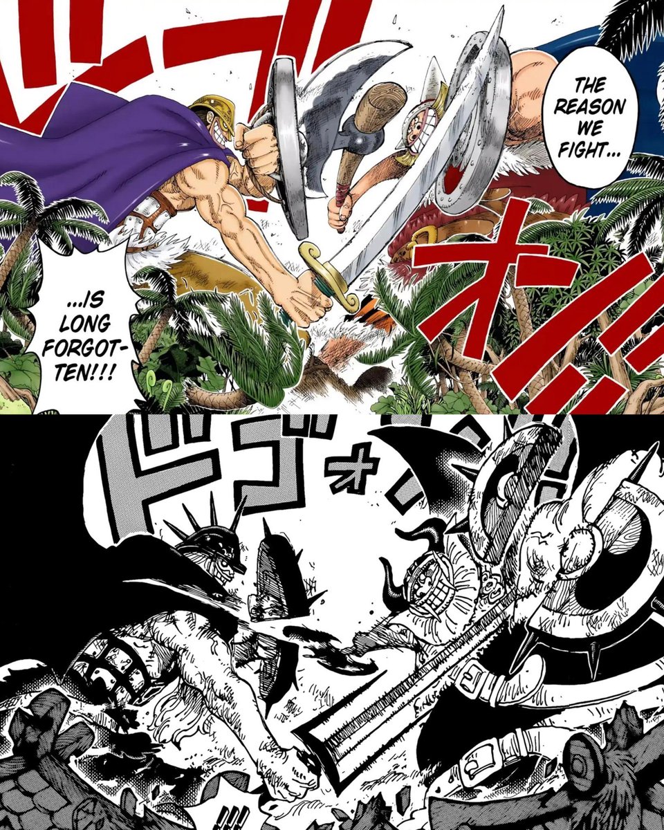 25 ans sépare ces 2 planches !

On peut voir que la puissance du Domi  Reversi  augmente la force au vue des dégât 

#ONEPIECE1173