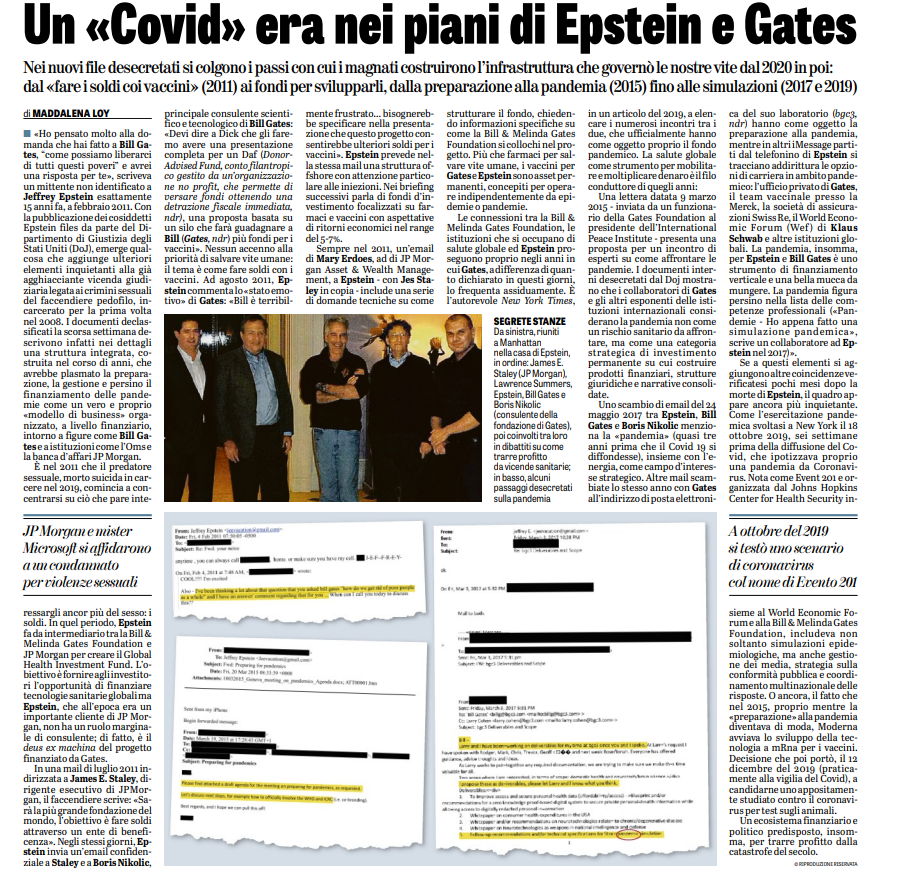 OrtigiaP's tweet photo. E dagli #EpsteinFiles  risulta che #Gates  e Epstein avevano programmato una bella epidemia già dal 2011.  L'avevano programmata in effetti per il 2016, convinti che vincesse la Clinton. Trumpha sconvolto i piani e hanno potuto attuarla solo nel 2020. Ennesima conferma che la pandemia era un bluff colossale per portare la gente alla vaccinazione. Profitti e malattie. E morti. Tutto pianificato. E  ancora qualcuno parla di benefici di vaccini??? Le direttive sono state date nel 2019 durante l'Evento 201.. chi c'era per l'Italia'???