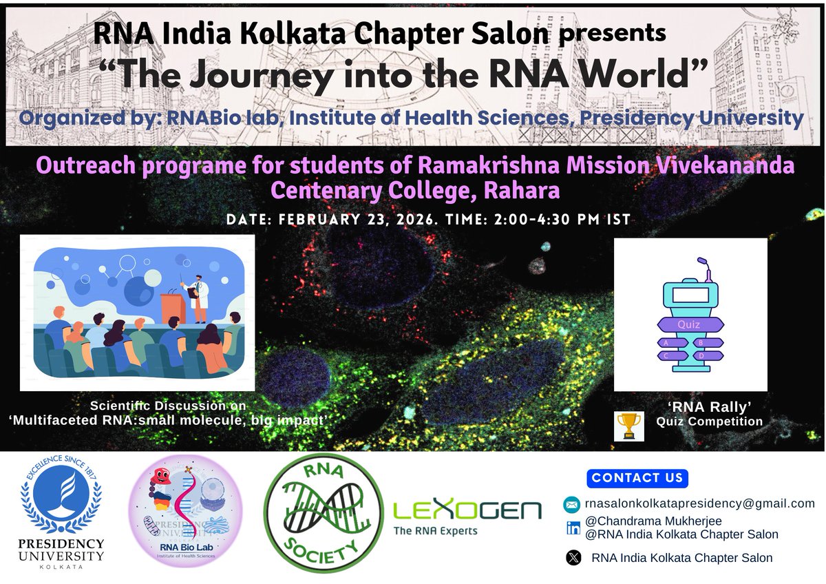 📣 Calling all curious minds!

We’re going to host an outreach activity for the students of  Rahara Ramkrishna Mission Vivekananda Centenary College—designed to spark curiosity and explore science beyond textbooks through the immense interactions.

#RNASalon <a href="/RNASociety/">The RNA Society</a> <a href="/lexogen/">Lexogen</a>