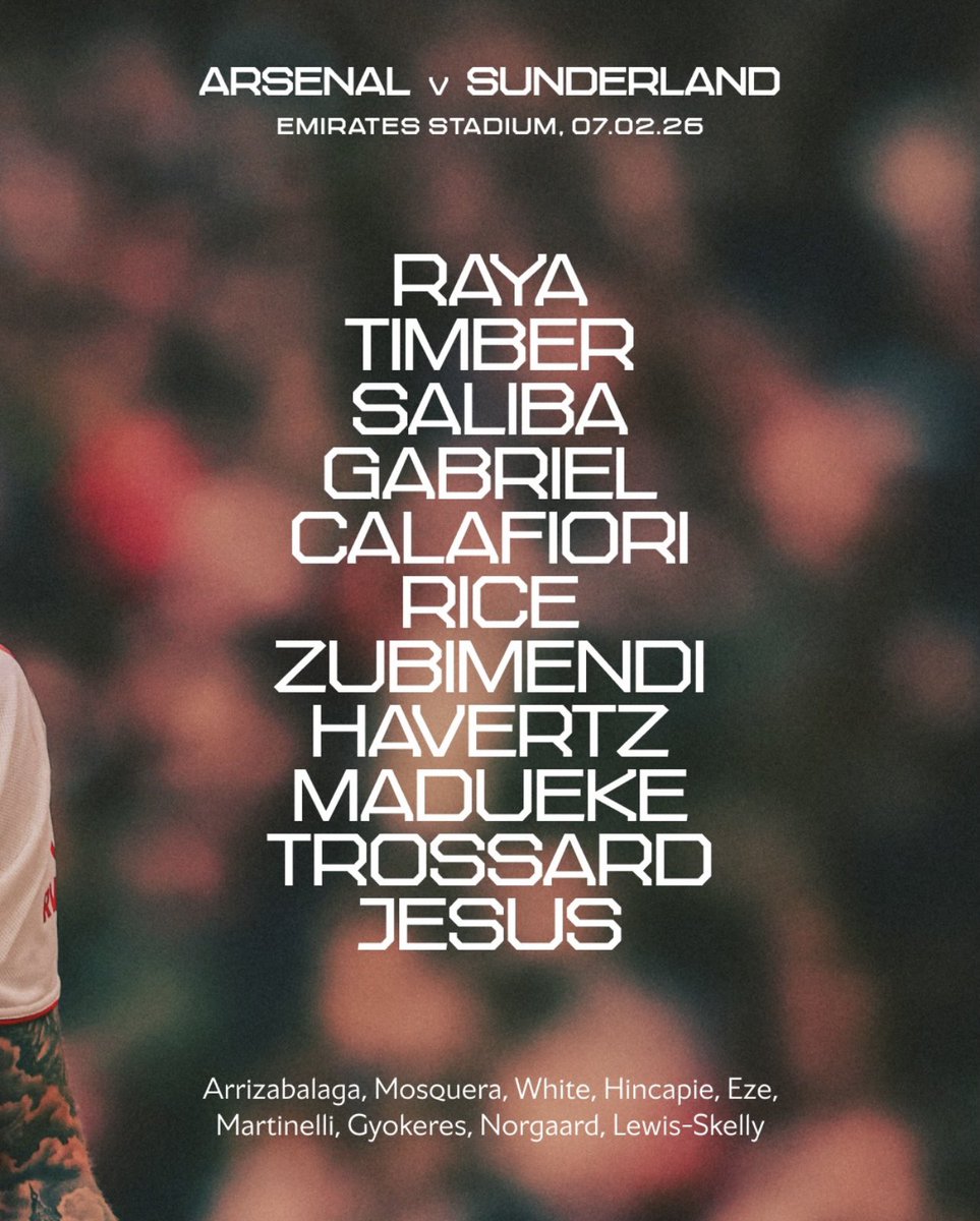 bansville's tweet photo. Arsenal starting XI vs Sunderland
Kickoff loading ⏳
#Arsenal #ARSUN https://t.co/Qu7rP1tdQs