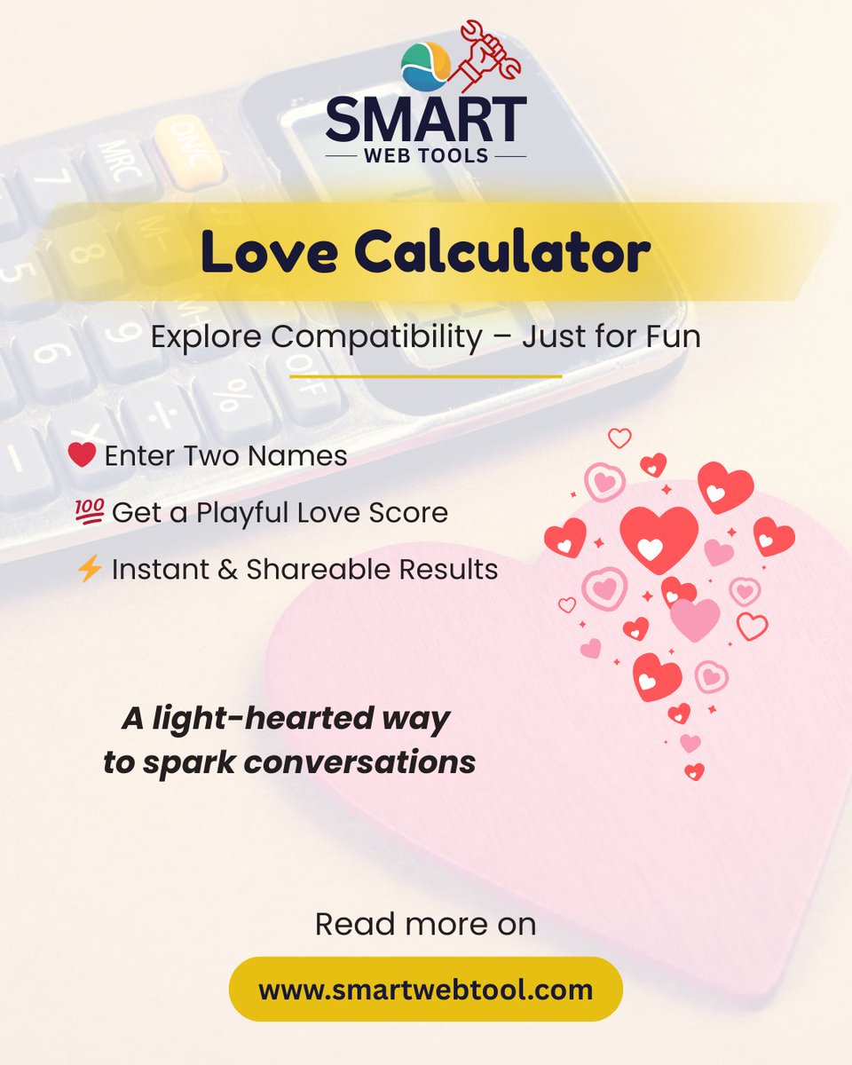 smartwebtool's tweet photo. 💖 Love Calculator – Just for Fun!

Curious about your compatibility?

👉 Try it now:
https://t.co/WHialANqfJ

#LoveCalculator #CompatibilityCheck #JustForFun #LoveScore #RelationshipFun #OnlineTools #FunCalculator #SmartWebTool #DigitalLove #ExploreLove 💕 https://t.co/tbqxOG0Q60