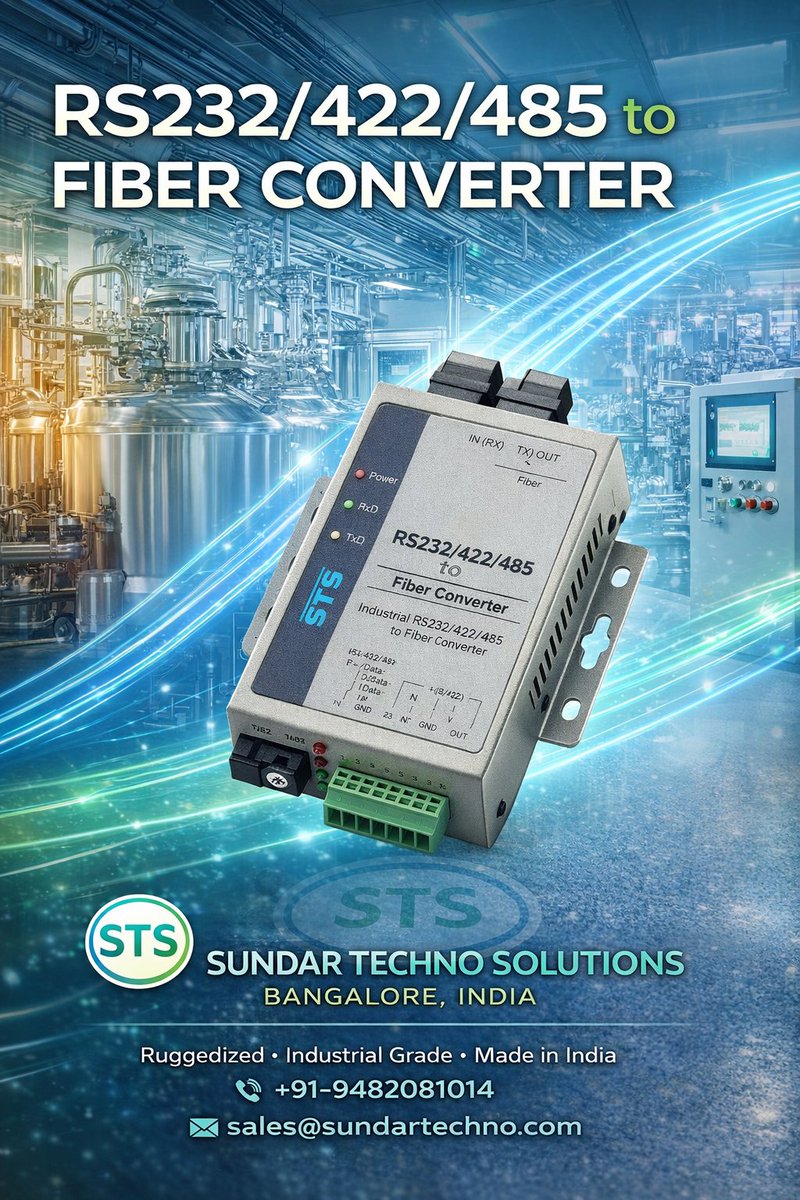 Sundar_Techno's tweet image. RS232 / RS422 / RS485 to FIBER CONVERTER 
RS232 / RS422 / RS485
SC Fiber | Single-Mode up to 20 km
Immune to EMI, surges &amp;amp; lightning
Ideal for PLC, SCADA, Pharma, Power 

SUNDAR TECHNO SOLUTIONS, Bangalore, India
+91-9482081014
sales@sundartechno.com
#FiberConverter #RS485 #RS232