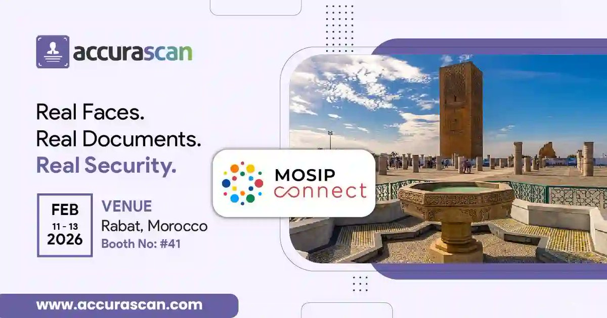 AccuraScan's tweet photo. Accura Scan at MOSIP Connect 2026 in Rabat, Morocco!

Showcasing AI-powered Document &amp; Facial Liveness for fraud prevention.

Visit us @ Booth #41

Read More: https://t.co/F5wSh0vg6S

#MOSIPConnect2026 #LivenessDetection #FraudPrevention #AccuraScan https://t.co/3Ucv2uclqP