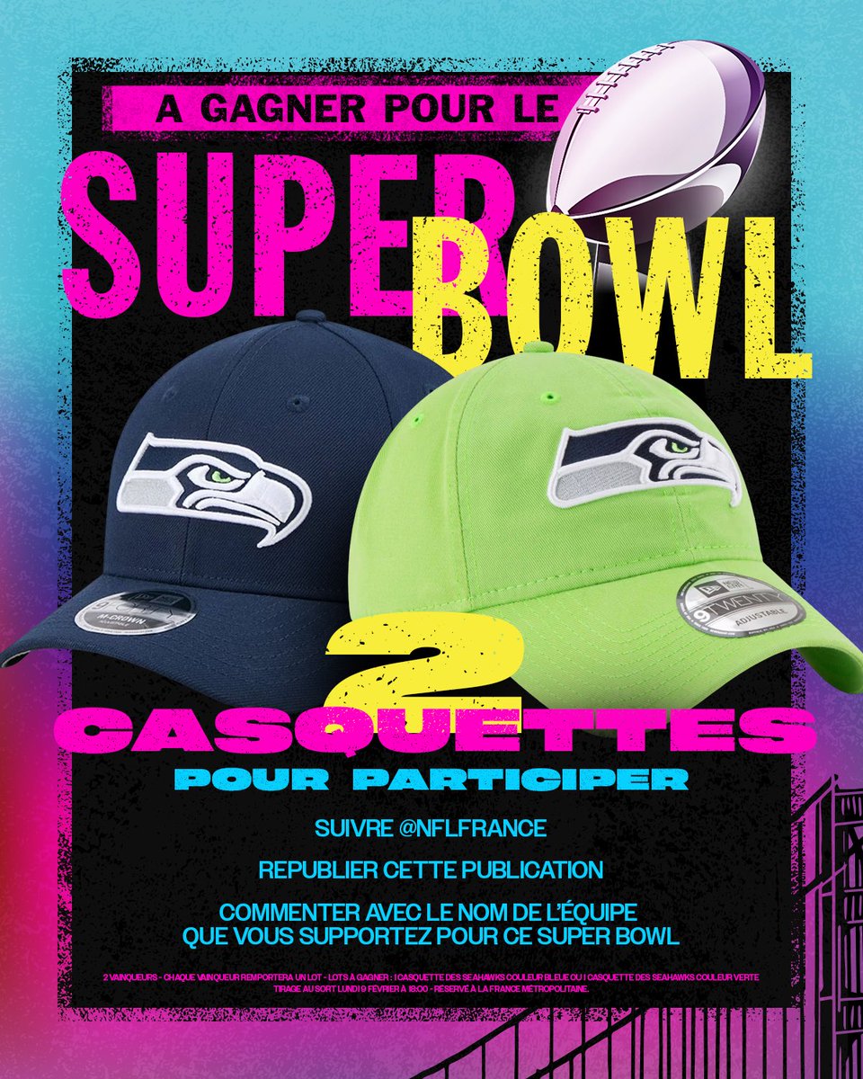 NFLFrance's tweet image. 🧢 JEU CONCOURS #SuperBowlLX

À l’occasion du #SuperBowl, nous vous offrons 2 casquettes des @Seahawks ! 

Pour participer:
• Suivre @NFLFrance 
• Republier ce poste
• Commenter avec l’équipe que tu soutiens lors du #SBLX