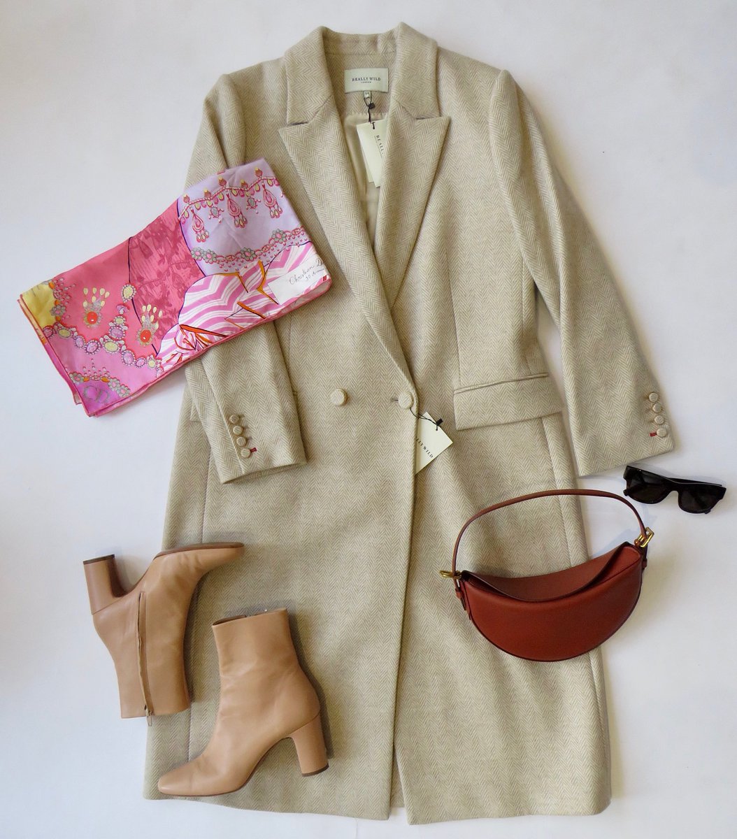 Elevate a sophisticated neutral look with a beautiful silk scarf -💖 #ReallyWild Herringbone wool coat, £250, UK 14 💖 #ChristianDior pink patterned silk scarf, £120 💖 #Rouje boots, £150, EUR 40 💖 #J&amp;MDavidson Gondola shoulder bag, £290 💖 &amp; #Dolce&amp;Gabbana sunglasses, £100 💖