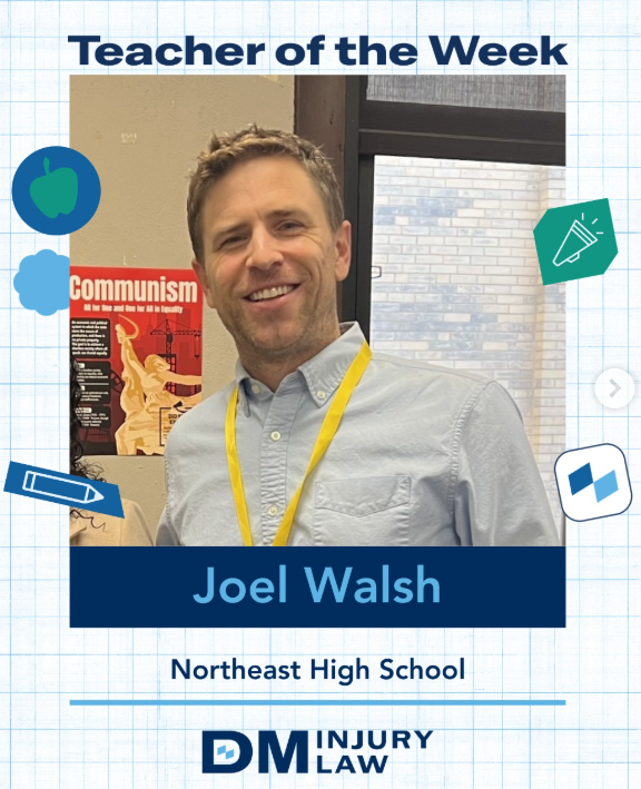 KCPS_Northeast's tweet photo. Congratulations to Viking Social Studies teacher Mr. Walsh, our DM Injury Law Teacher of the Week! 🎉 His positivity and dedication to student success shine every day. He received a $250 gift card and a DM Injury Law prize pack! https://t.co/fXqZ0sE6fo