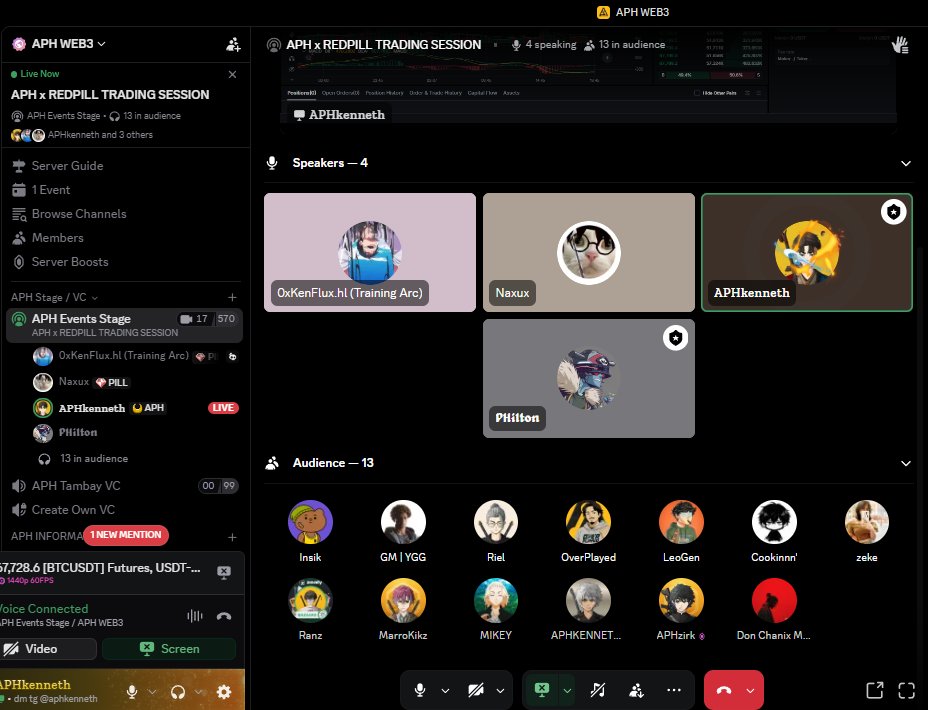 We're about to start Redpill <> APH Web3 Trading Session in a couple of minutes!

Catch us live in APH Events Stage!

Together with <a href="/aphkenneth/">APHkenn.eth</a> <a href="/Phl2n/">Philton</a> <a href="/0xKenFlux/">KenFlux.hl (Training Arc)</a> <a href="/_naxux/">Naxux</a>!

Discord invite link in reply section and bio 🫵