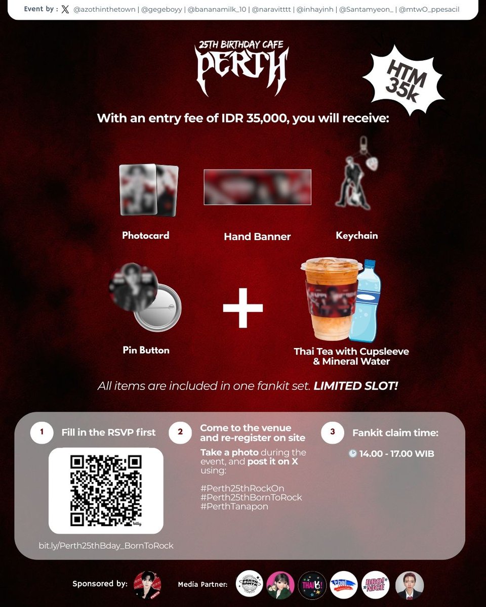 ‧₊˚ 🎸 #Perth25thBornToRock 𝐁𝐢𝐫𝐭𝐡𝐝𝐚𝐲 𝐂𝐚𝐟è 𝐄𝐯𝐞𝐧𝐭 🎸 ‧₊˚

★📍 SnowBerry (Blok M, Jakarta Selatan)
★🗓  8 Maret 2026
★🕛 13.00 - 20.30 WIB

🗳 RSVP : bit.ly/Perth25thBday_…

‼️ SLOT TERBATAS ‼️

#Perth25thRockOn
#PerthTanapon #KDPPE
