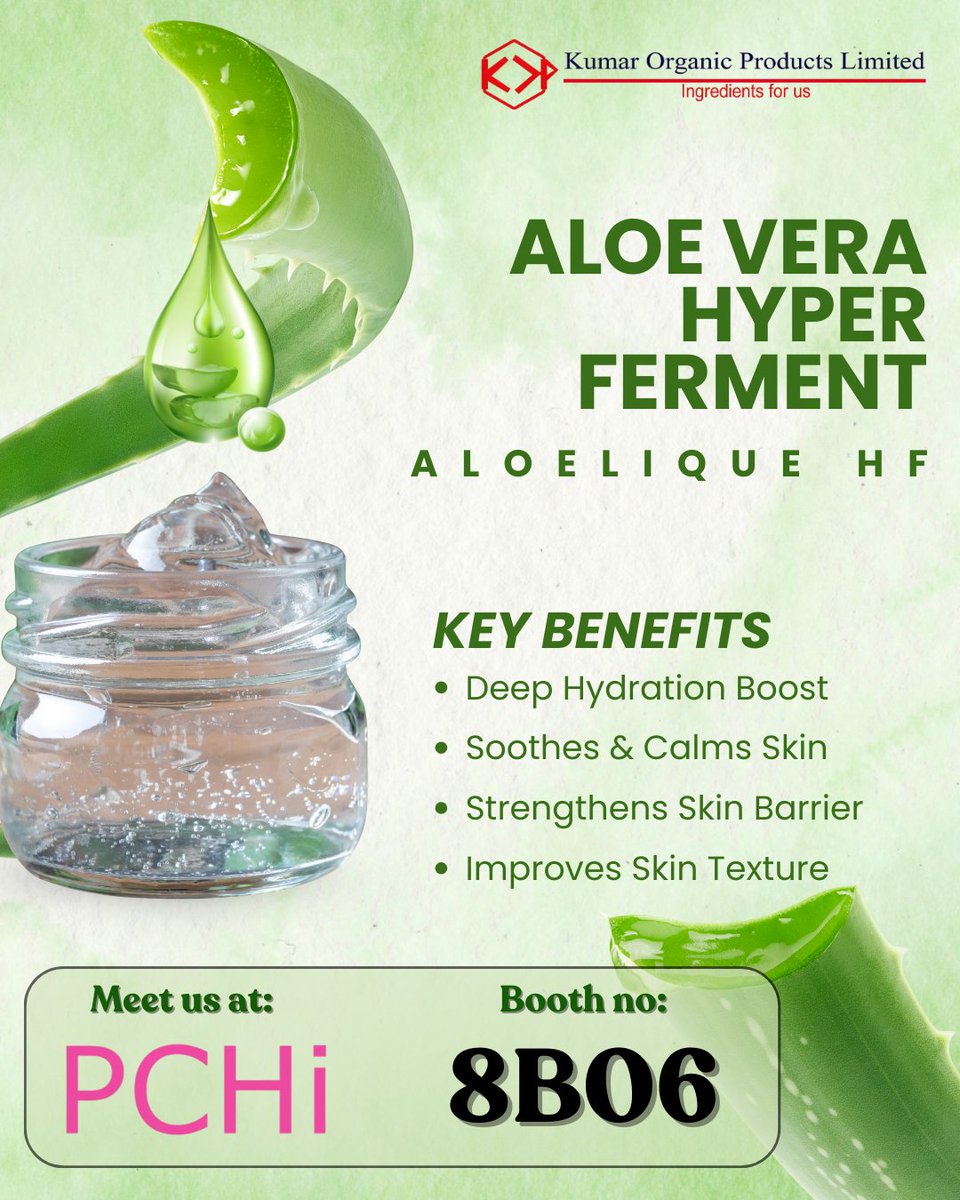 KumarOrganic's tweet photo. Experience next-gen hydration with Aloe Vera Hyper Ferment โ Aloelique HF ๐ฟ
โ Deep hydration
โ Soothing care
โ Stronger skin barrier
๐ Meet us at PCHi | Booth 8B06
#AloeliqueHF #KumarOrganic #AloeVera #PCHi #CosmeticIngredients https://t.co/4OhJxSrxmt