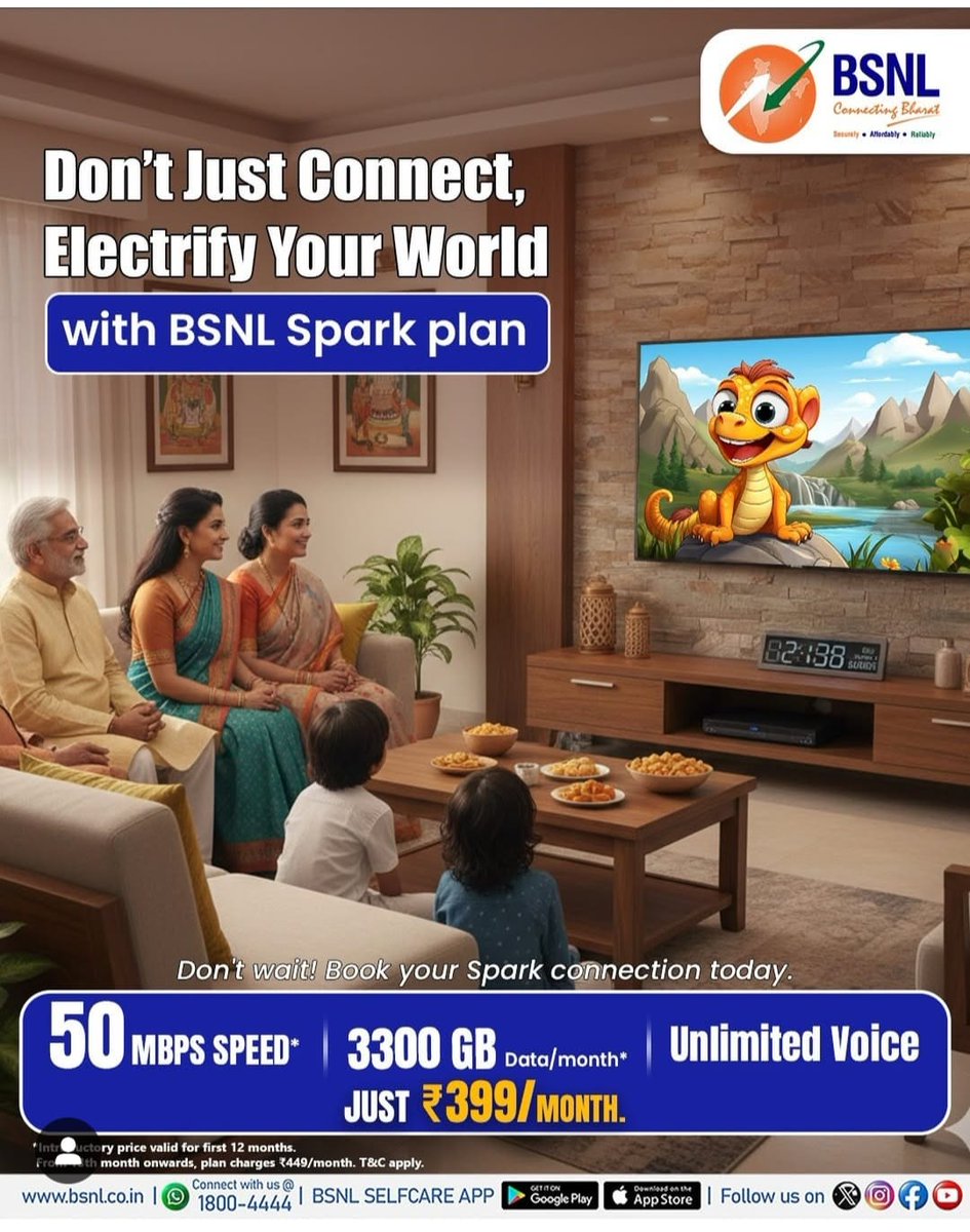 BSNL_HR's tweet photo. Choose BSNL Spark PlanGet 50 Mbps speed, 3300 GB high-speed data per month, unlimited voice calls, and secure browsing - all for just ₹399/month.

Book Now: Say ‘Hi’ on WhatsApp 18004444

#bsnlharyanacircle #switchtobsnl 
#BSNLSpark #HighSpeedBroadband #BSNLFiber #BSNL https://t.co/bNZ2PHLY8F