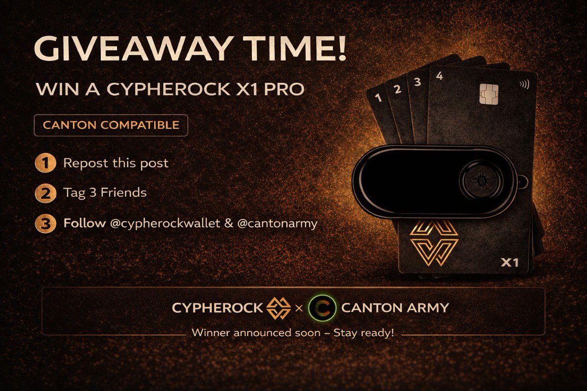 CantonArmy's tweet image. 🎁 Bonus: We’re giving away a Cypherock X1 Pro to 1 lucky Soldier.

To enter:

1. Repost this thread
2. Tag 3 Friends
3. Follow @cypherockwallet + @cantonarmy

You’re 3 steps away from the most secure wallet built for Canton.

Winner announced soon. Stay Tuned.