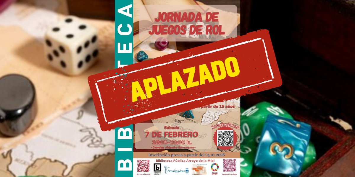 ⚠ Por motivos meteorológicos, se ha aplazado el taller de juegos de rol que tenía previsto realizarse esta tarde de sábado 7 de febrero.

📆 Pronto anunciaremos la nueva fecha.

➡️ Mientras tanto, precaución.

#BibliotecasQueNutrenVidas #Agenda2030 #ODS