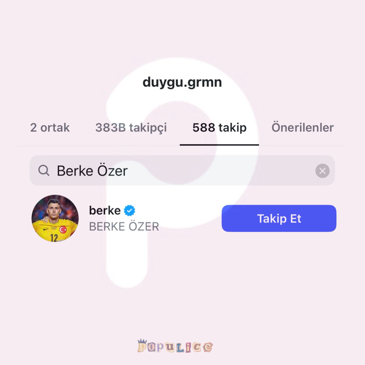 populicc's tweet image. Duygu German, futbolcu Berke Özer'i takip etti.

(Karşılıklı olarak birbirlerini takip ediyorlar.)