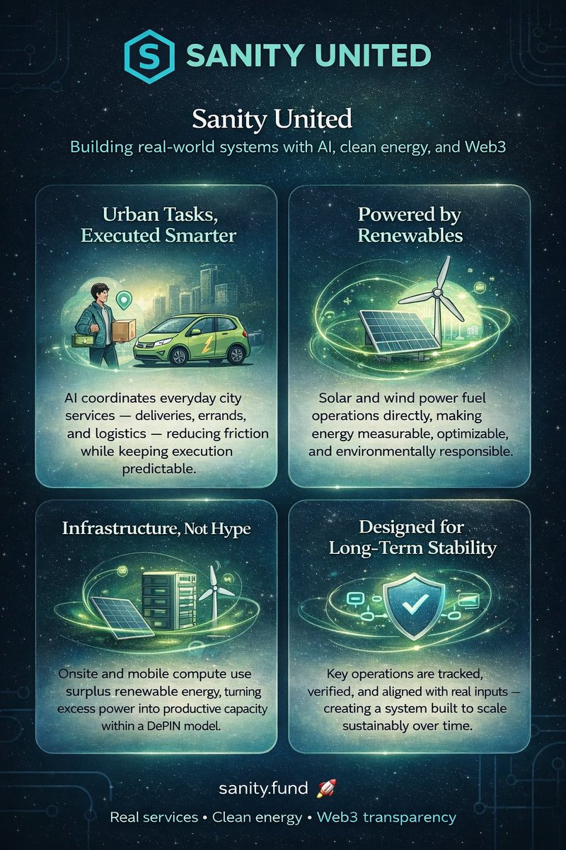 Real progress isn’t loud.

<a href="/sanity_united/">Sanity United</a> is focused on: • AI-coordinated urban services
• Renewable-powered operations
• Infrastructure built to last, not trend

This is how real-world systems scale responsibly.

#SanityUnited #DePIN #CleanEnergy #Web3Infrastructure