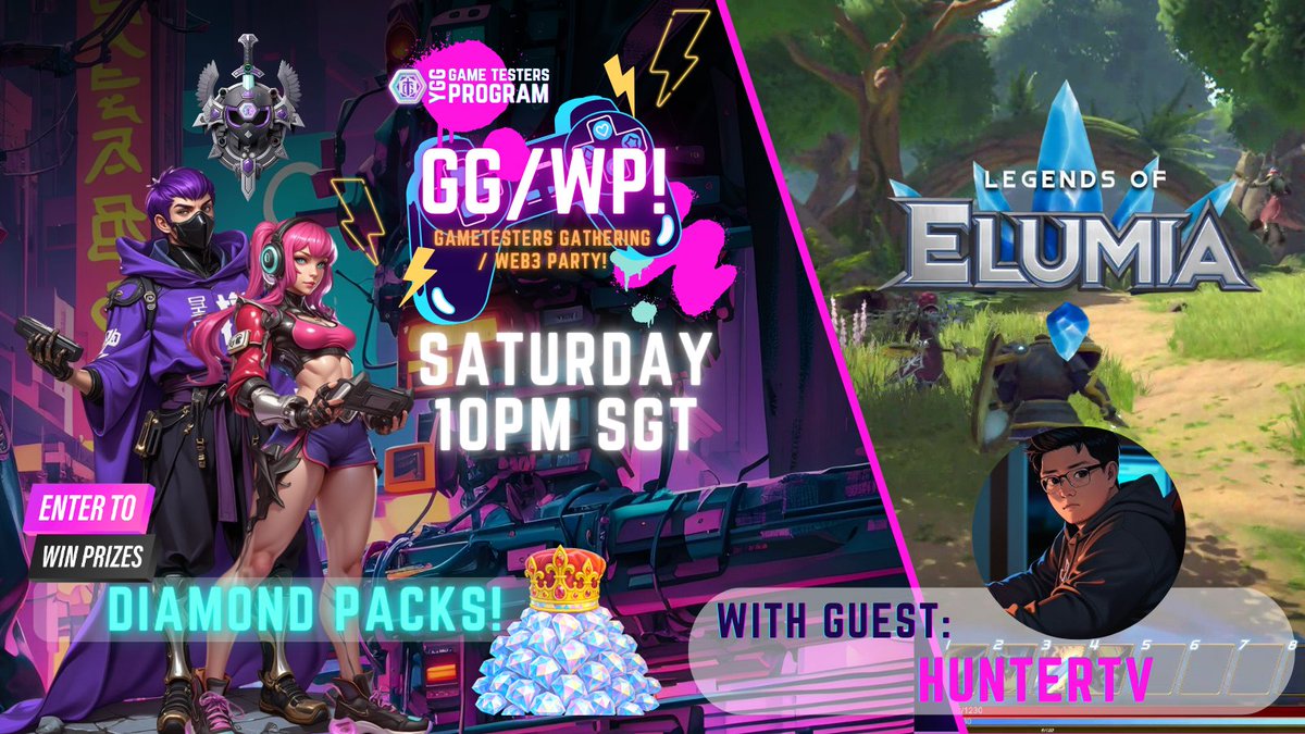 It's GG/WP weekend once again Game Testers!
Join us as we play <a href="/PlayElumia/">Legends of Elumia</a> with their Community Manager <a href="/HunterTV_/">Hunter</a> 🔥

Watch out! We'll be giving away Diamond Packs!! 💎

🗓️Feb 07 • Saturday • 10pm SGT
📺Live here on Twitter
⏯️Simulcast: youtube.com/@GAMEHUNTERS_O…

#YGGGTProgram