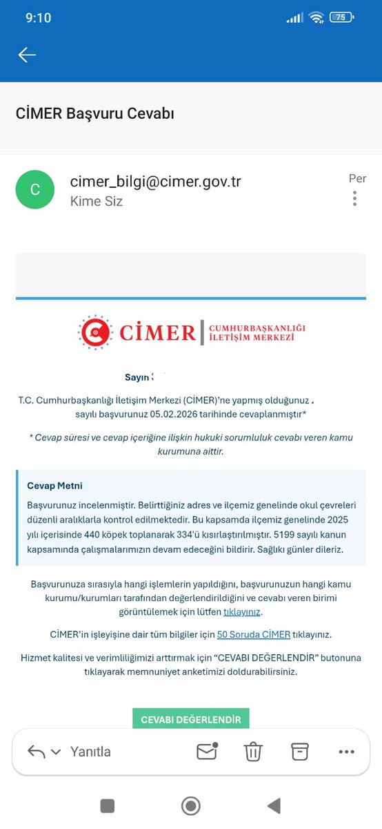 Bir vatandaş CİMER başvuruları sayesinde 2025 yılında yaşadığı ilçede 440 başıboş köpeği toplattırdı.

Kanun bellidir. CİMER şikayet taslağını profilde bulabilirsiniz. Yaşadığınız mahalle için kesinlikle şikayet oluşturun.