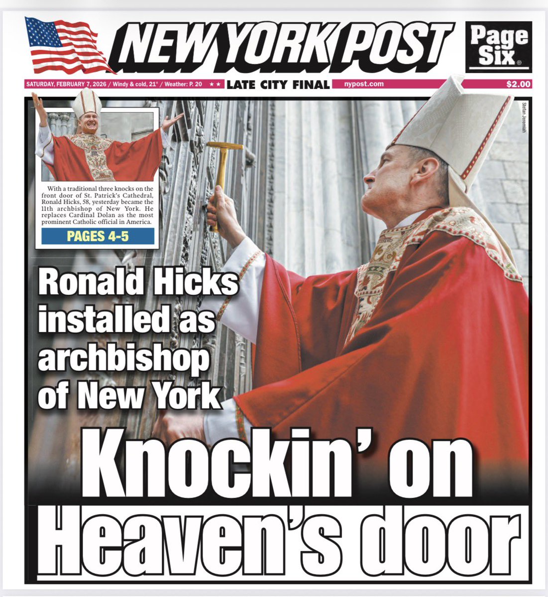 The front page of the New York Post talks about the Archbishop of New York.

<a href="/AbpNewYork/">Archbishop Ronald Hicks</a>