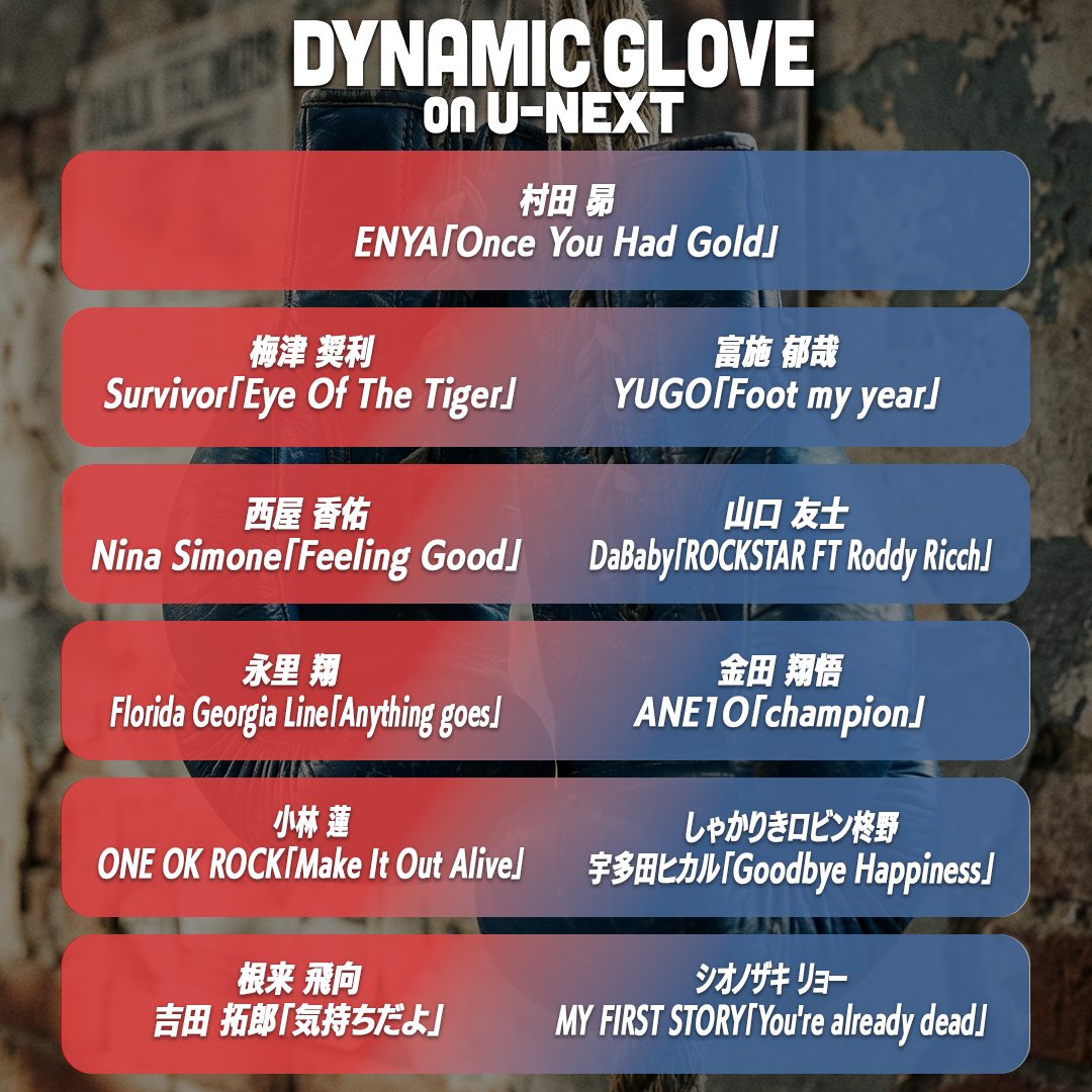 _dynamicglove's tweet image. ご観戦いただき、ありがとうございました🚩

本日の各選手の入場曲はこちら🎧✨
感想ポスト、お待ちしております！

📺｜video.unext.jp/genre/martial?…