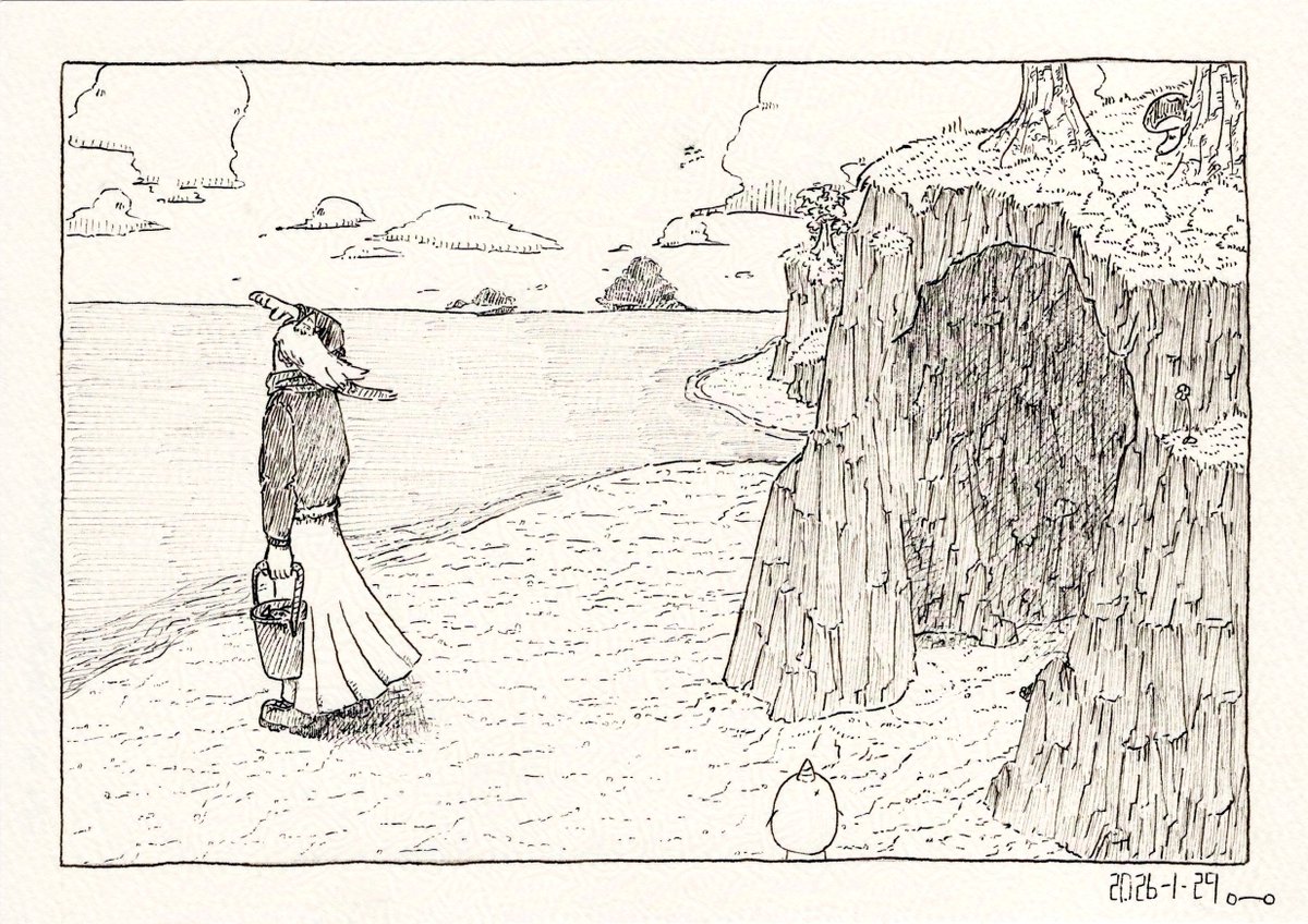 一発描きペン画 「冬の海辺」 A5サイズの一発描き なんとYouTubeの生