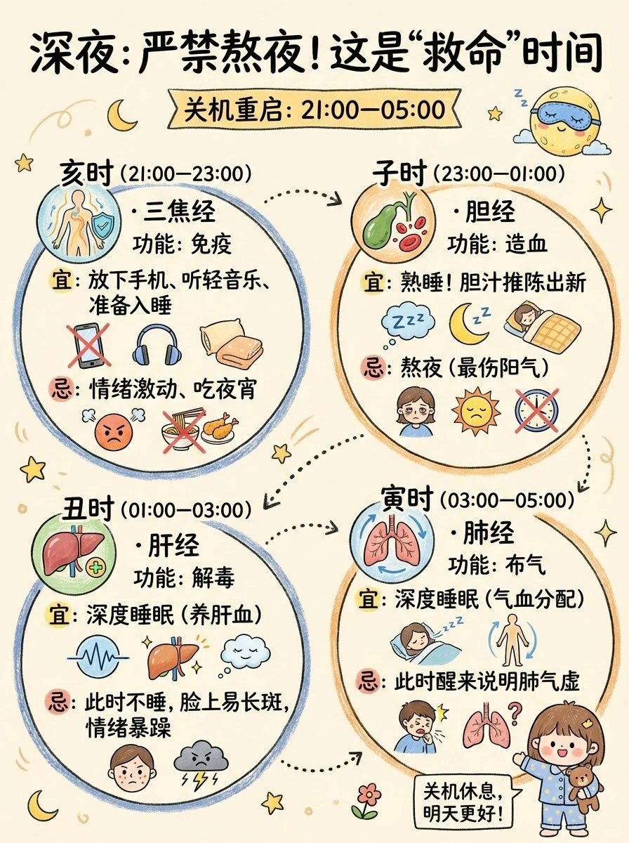 顺时而养：《黄帝内经》十二时辰养生指南
为什么睡够8小时还是很累？ 因为你睡错了时间。 明明躺满8小时，却像没睡； 补品吃了一堆，身体还是空落落的—— 不是你不努力养生，而是活反了节律。 《黄帝内经》早就写下人体的“使用说明书”： 养生不在吃多贵，而在“守时”。 我们的身体里，有12位“值班官”，