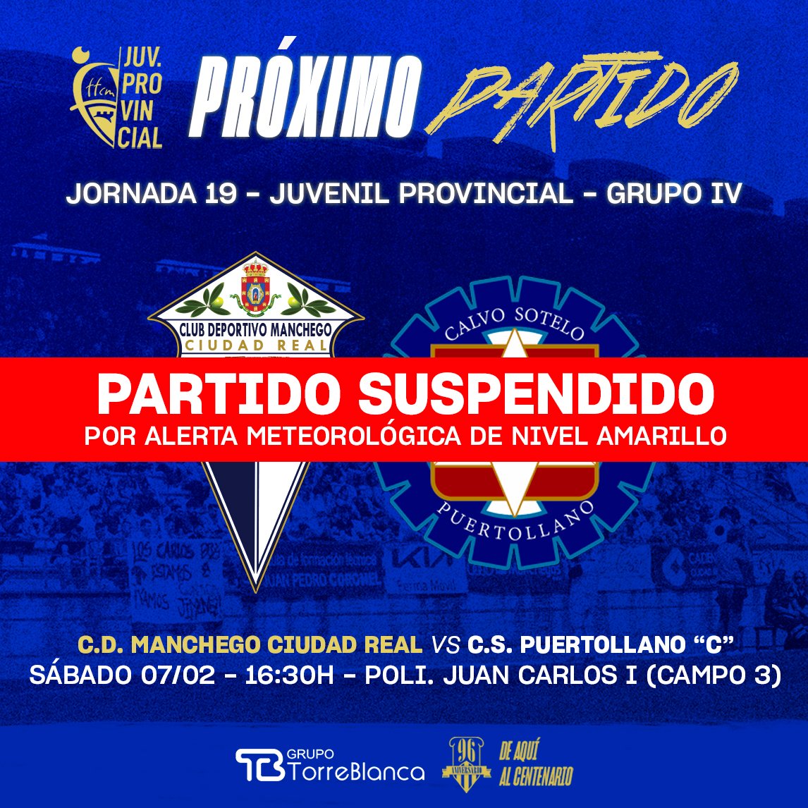🔵 PARTIDO SUSPENDIDO - JUVENIL B ⚪️

Debido a la alerta meteorológica nivel amarillo, el partido de nuestro Juvenil "B" queda suspendido.

El Ayuntamiento ha decretado el cierre de las instalaciones deportivas, quedando canceladas todas las actividades.

#AupaManchego 💙🤍