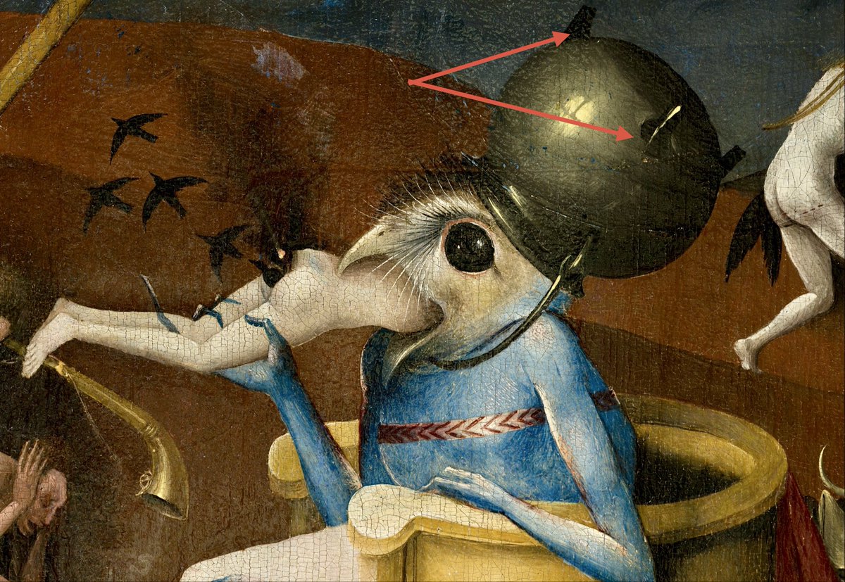 <a href="/boschbot/">BoschBot</a> A KETTLE
on the devil’s head has more interpretations
*he’s Gluttonous
*silly crown
*link to historic event.

I found a proverb that also seems valid
“These are not the pots that stand on their own pegs.”
[NL ‘pikkel’ can be a pot’s leg. Motto hints at boastfulness of the person]