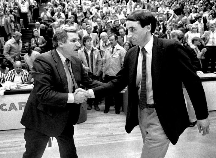 Apropos the Tar Heels and Duke are playing tonight on the 11th anniversary of the passing of Dean Smith. Here Smith and Mike Krzyzewski shake hands following Carolina's win in the first game ever in the Smith Center in January 1986. (N&amp;O file photo)