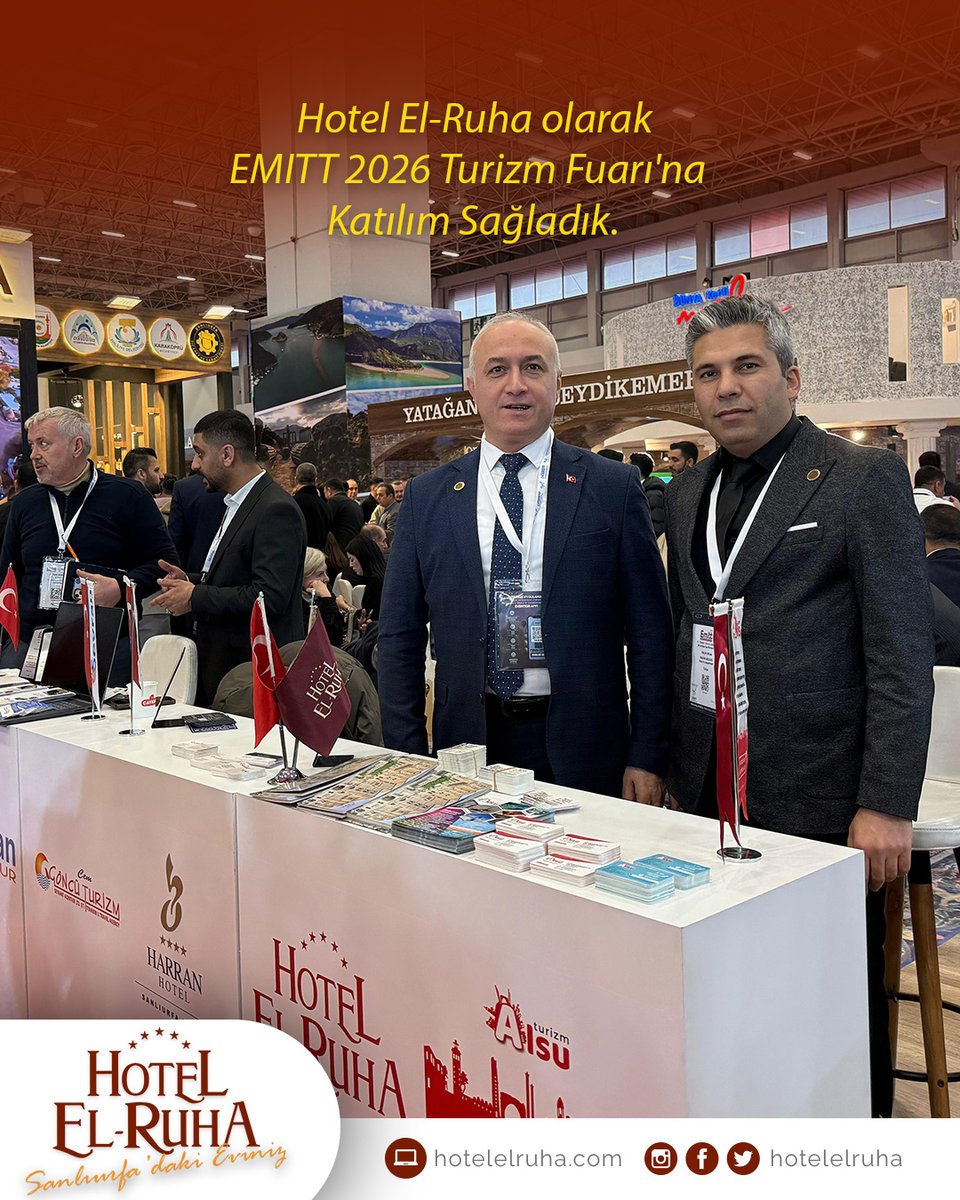Hotel El-Ruha olarak, 5 - 7 Şubat 2026 tarihleri arasında IFM (Istanbul Fuar Merkezi)'de gerçekleştirilmiş olan EMITT2026'ya katılım sağladık .

Turizm Fuarının sektöre bereket, başarı ve yeni iş birlikleri getirmesini diliyoruz. 🌿✨