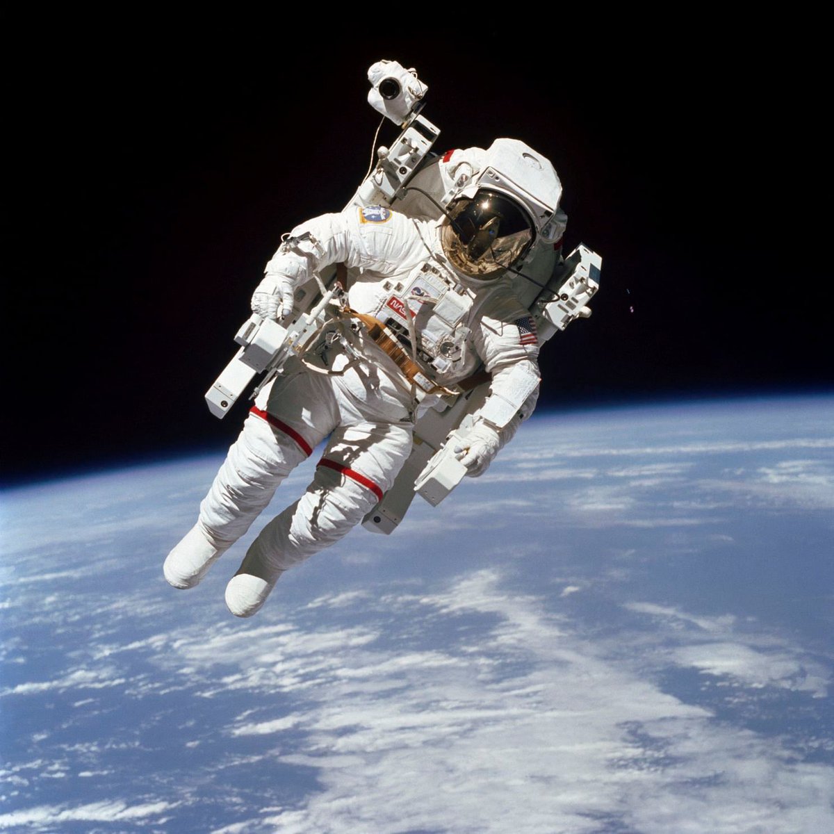RepMikeCollins's tweet image. On this day in history in 1984, Navy Captain Bruce McCandless II became the first person to perform an untethered spacewalk.

While orbiting 170 miles above Earth, he exited the U.S. space shuttle Challenger and freely maneuvered using a jet pack of his own design. Traveling at…