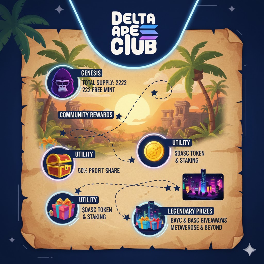💎DASC UNVEILS THE ASCENSION ROADMAP! 

💎The jungle is calling, and the path to glory is now clear! We're thrilled to share our official Roadmap, detailing the exciting future of Delta Ape Solana Club! 

A collection of 2222 Apes, with 222 FREE MINT for our earliest supporters!