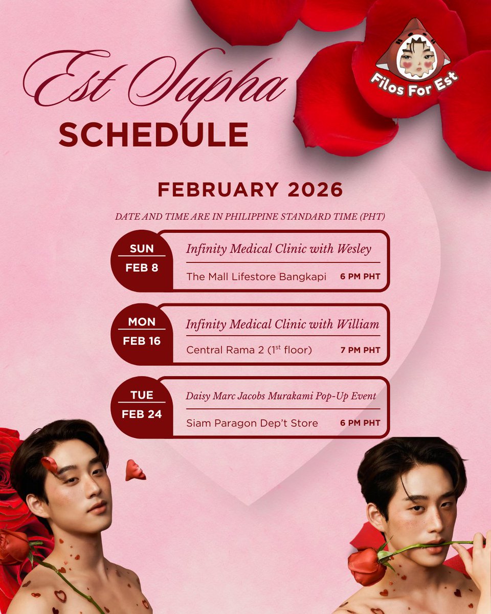 EstSuphaPH's tweet photo. ❣️Love is definitely in the air for @EstRvp❣️
💘Updated #EST_schedule for February 2026🦈
#est_rvp #เอสศุภ #FilosFor_Est https://t.co/eyO26LVRi8