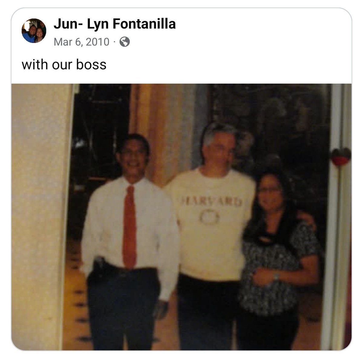 goodkidbikecity's tweet image. There is an account on Facebook belonging to a Filipino couple that has a photo with "their boss" Jeff from back in 2010, as well as other famous figures from the files.

Account is still up, but they haven't posted in a very long time.  They might not even be alive anymore