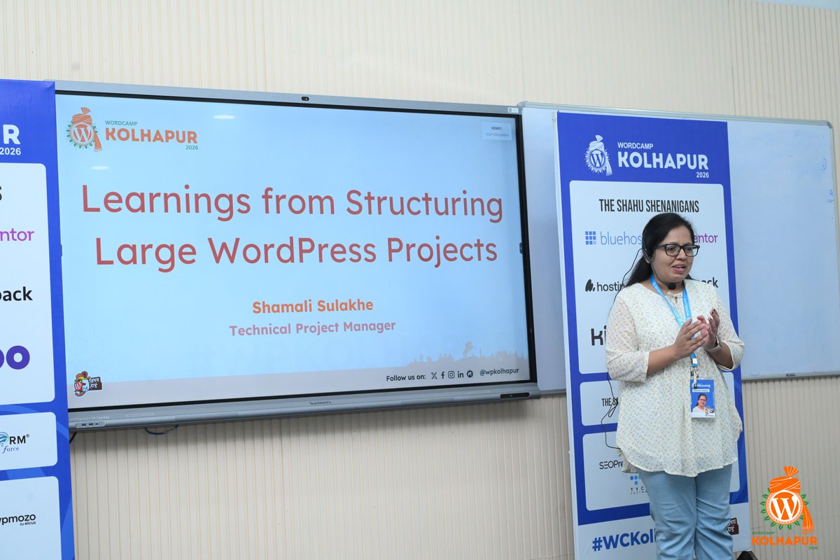 shamalisulakhe's tweet photo. Grateful to speak at WordCamp Kolhapur 2026 on ‘Learnings from Structuring Large WordPress Projects’
This talk was shaped by practical learnings while working on large, long-running WordPress projects.
Thanks to @WPKolhapur community.
#WordPress #WCKolhapur #WordCamp https://t.co/8nVayqsVre