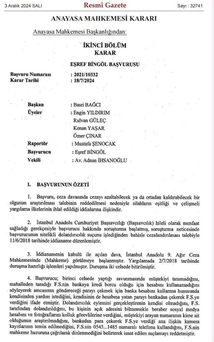 turk_avukat's tweet photo. Banka hesabını ne amaçla kullandırdığına yönelik, sanığın talepleri doğrultusunda mahkemece gerekli araştırma yapılmadan mahkûmiyet kararı verilmesi; silahların eşitliği ilkesine aykırıdır.

Anayasa Mahkemesi, Başvuru No: 2021/10332, Tarih: 18.07.2024 https://t.co/CXEuycLVa1
