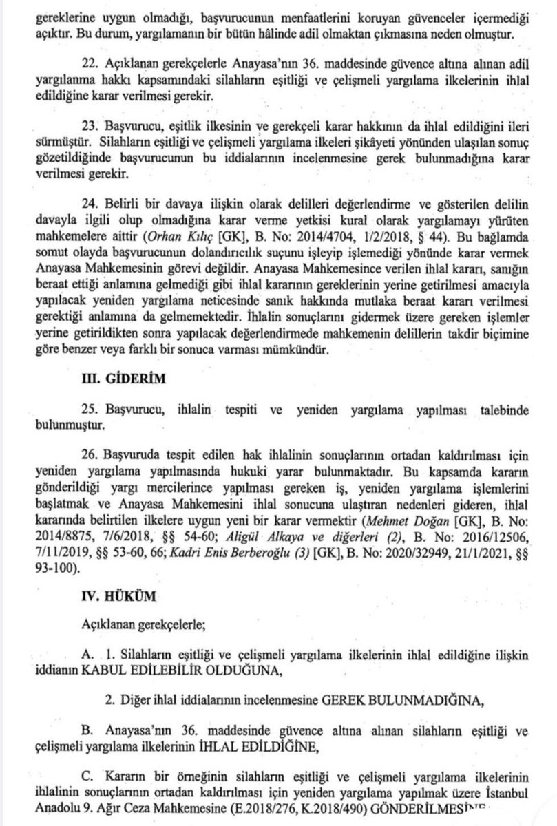turk_avukat's tweet photo. Banka hesabını ne amaçla kullandırdığına yönelik, sanığın talepleri doğrultusunda mahkemece gerekli araştırma yapılmadan mahkûmiyet kararı verilmesi; silahların eşitliği ilkesine aykırıdır.

Anayasa Mahkemesi, Başvuru No: 2021/10332, Tarih: 18.07.2024 https://t.co/CXEuycLVa1