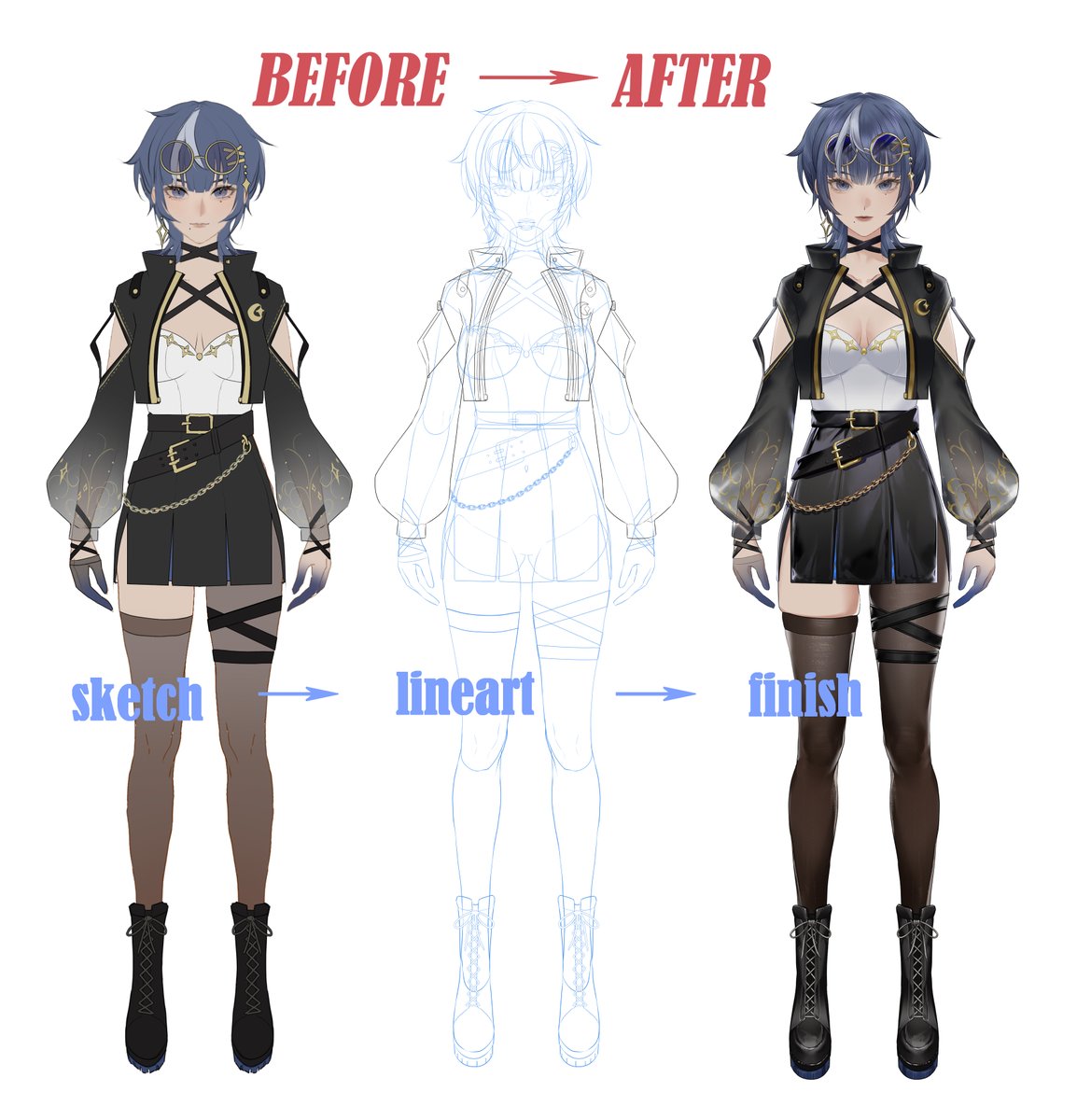 Breaking down some details of a recent #commission — swipe to see the before &amp; after! ✨
Which version do you prefer? #VTuber #digitalart