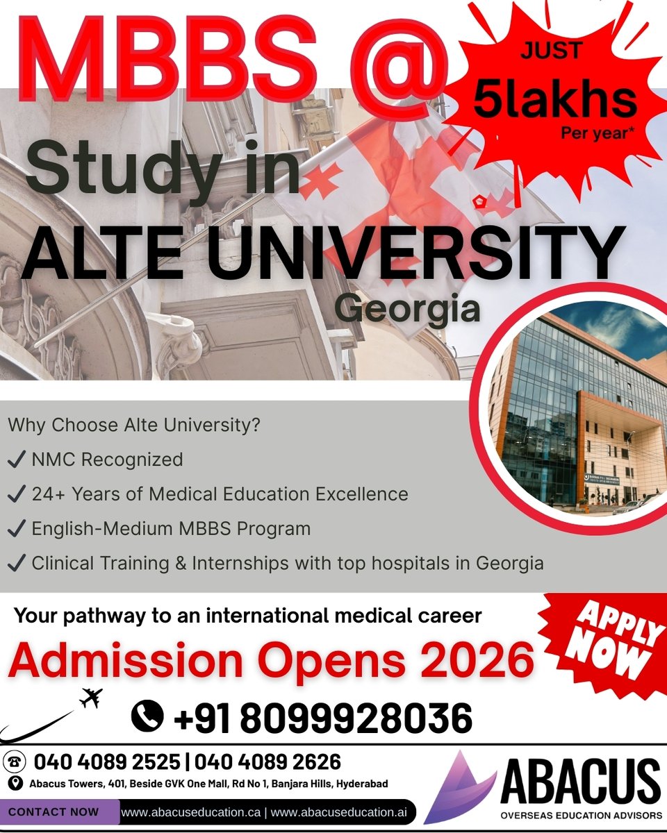 abacus_groups's tweet image. Dreaming of becoming a doctor abroad? 🩺🌍
Study MBBS at Alte University, Georgia with English-medium education, NMC recognition, and top hospital training — at just ₹5 Lakhs per year!
📢 Admissions Open 2026
Your pathway to an international medical career starts here.

📞 Call