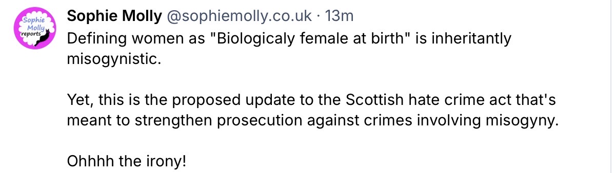 Sparkles thinks correctly defining women as being ‘biologically female at birth” is misogynistic 🤣🤣🤣🤣