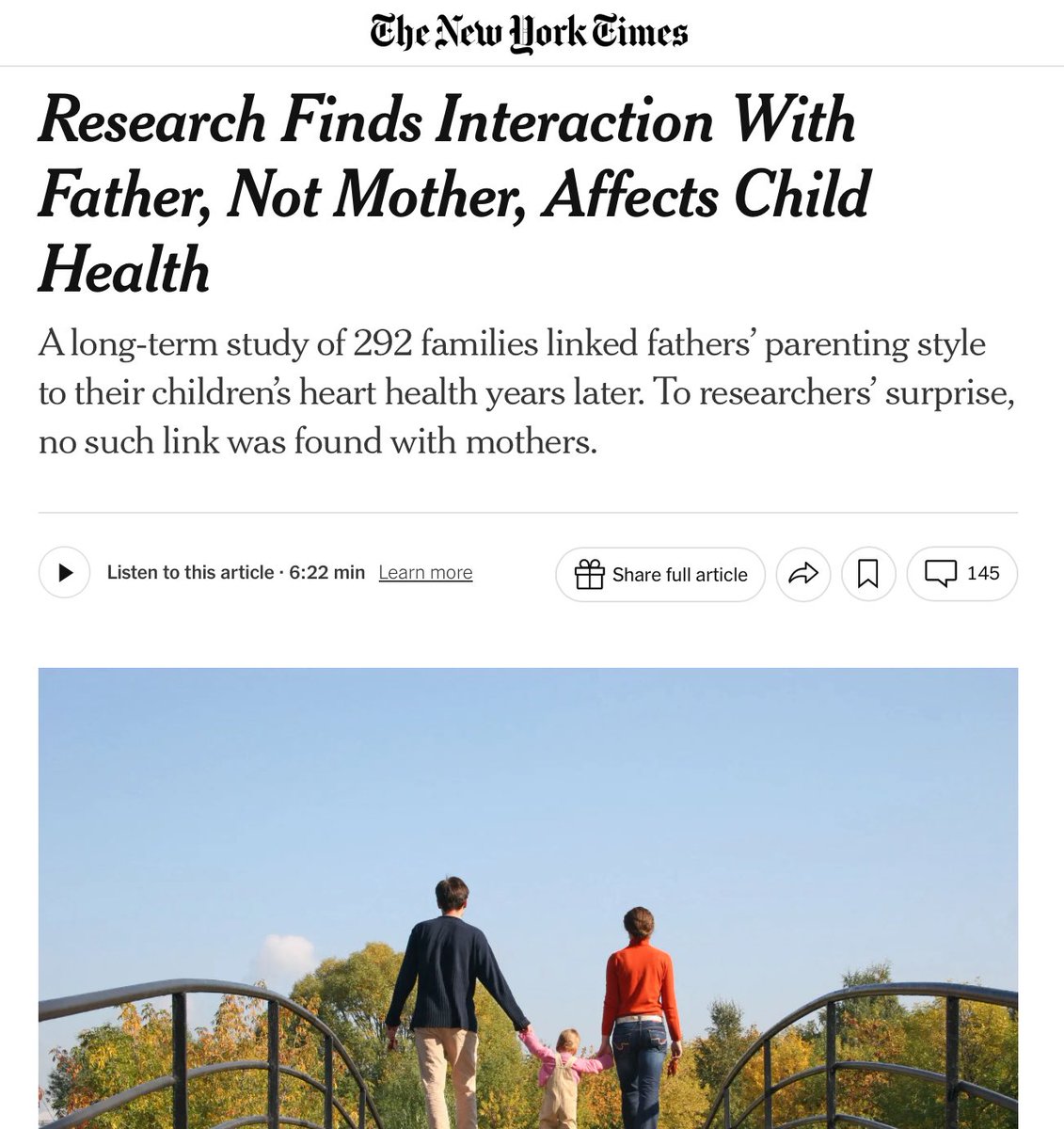 The difference a dad makes, in NYT. 

✔️Kids who were well fathered at 10 months had better “heart or metabolic health” at age 7. 

✔️Strikingly, moms’ engagement at 10 months not linked to their health in this study.