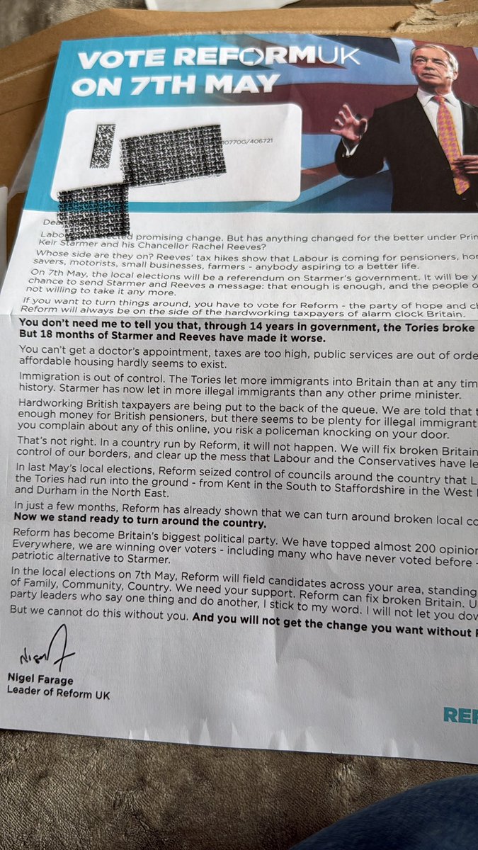 Yea right.

Not whilst I’ve an ounce of decency in my blood would I vote Reform.

Though I think all parties are at best useless, at worst unprincipled charlatans.