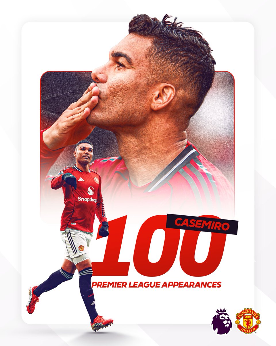 premierleague's tweet image. Century of Premier League appearances for @manutd’s Casemiro 💯🔴