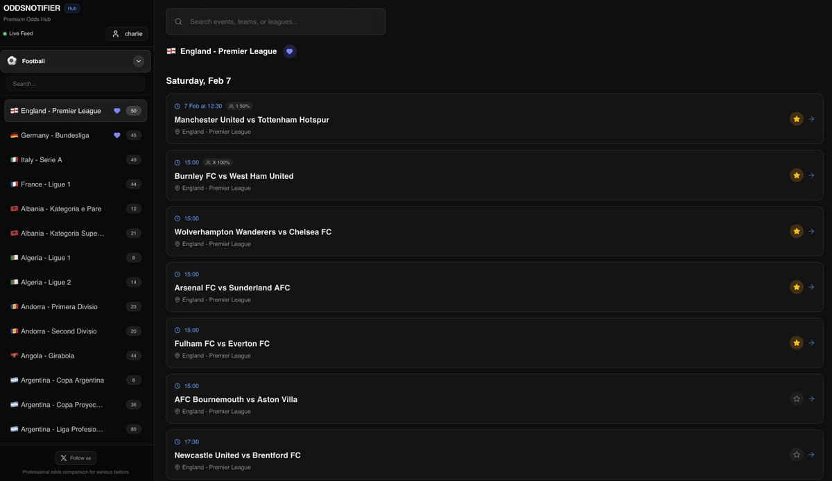 OddsNotifierHUB's tweet image. Its Saturday!

📊 The Hub has you covered and ready to explore!

✅ Live odds tracking across all bookmakers
✅ Real-time line movements 
✅ Every match, every market

👉 hub.oddsnotifier.io 

Get positioned before the odds shift.