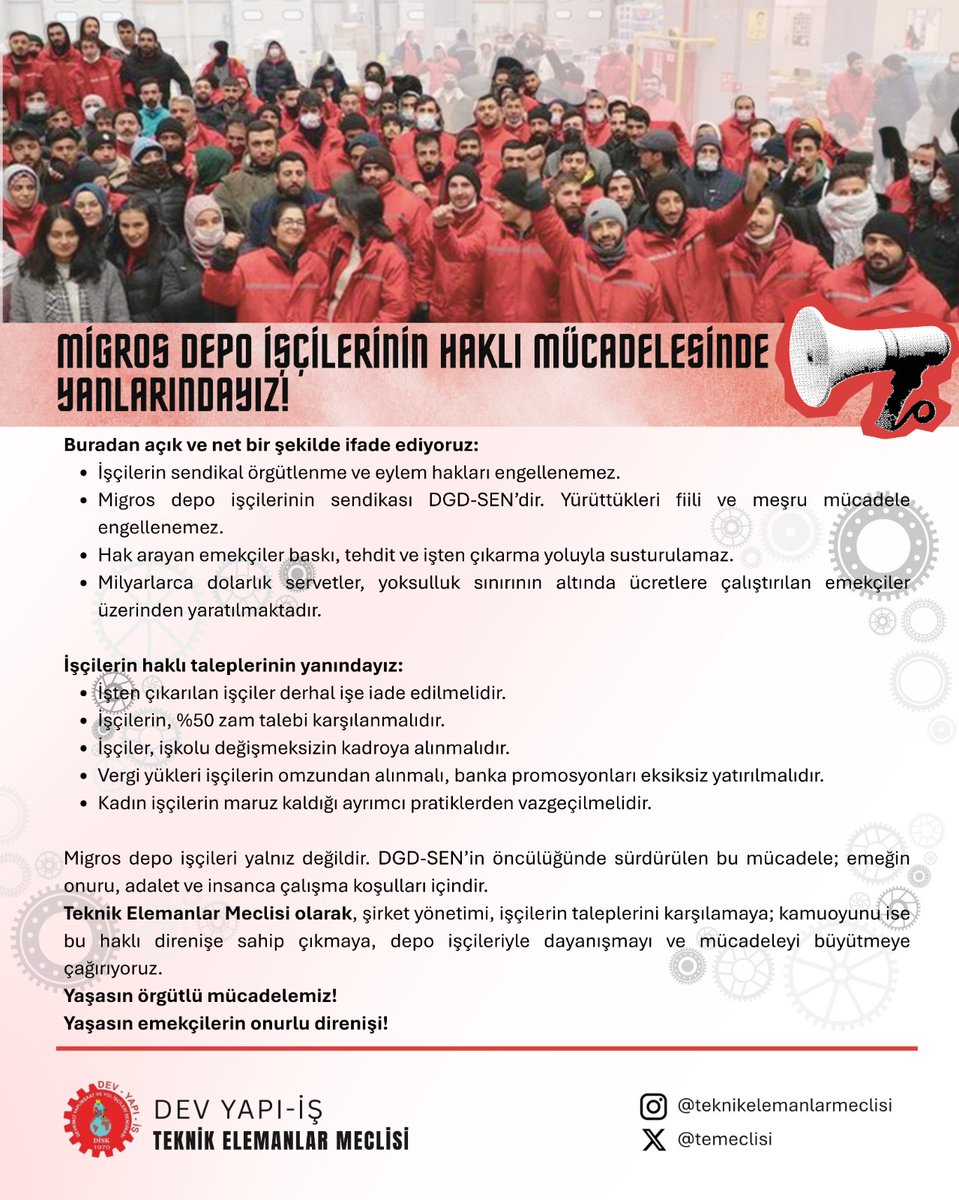 Migros Depo İşçilerinin Haklı Mücadelesinde Yanlarındayız!

Teknik Elemanlar Meclisi olarak, şirket yönetimini, işçilerin taleplerini karşılamaya; kamuoyunu ise bu haklı direnişe sahip çıkmaya, depo işçileriyle dayanışmayı ve mücadeleyi büyütmeye çağırıyoruz.